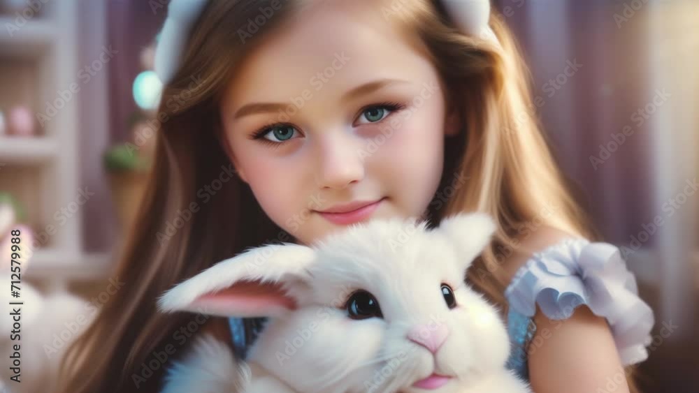 girl holding a white Easter bunny in her hands, Generative AI girl holding a white Easter bunny in her hands, Generative AI