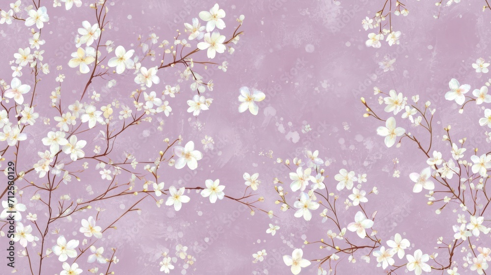 a pink background with white flowers on the branches of a tree on the left and a light pink background with white flowers on the branches of a tree on the right. a pink background with white flowers on the branches of a tree on the left and a light pink background with white flowers on the branches of a tree on the right.