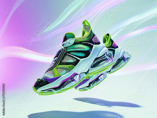 Y2K aesthetic abstract futuristic sneaker, floating in the air, iridescence background