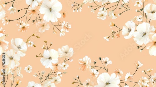  a close up of a pattern of flowers on a peach background with white and pink flowers on a peach background.