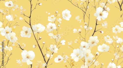  a picture of a yellow background with white flowers on the branches of the tree in the foreground is a yellow background with white flowers on the branches in the foreground.