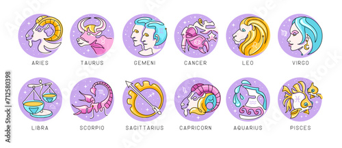 Set of modern cartoon astrology zodiac signs isolated on white background. Set of Zodiac icons. Vector illustration