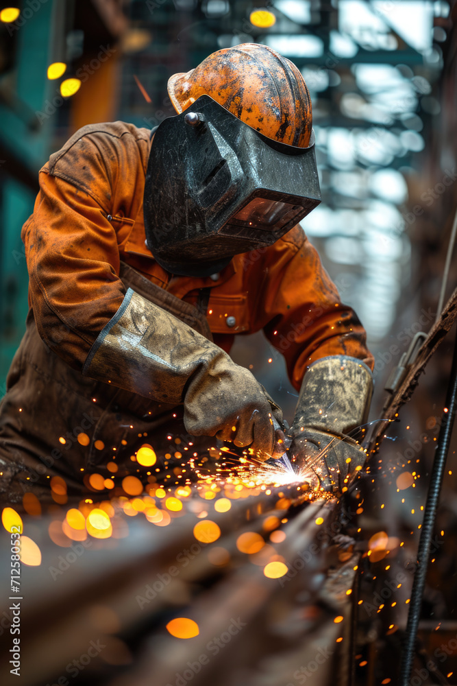 Mann Schweißer bei der Arbeit im Schiffbau Mann Schweißer bei der Arbeit im Schiffbau