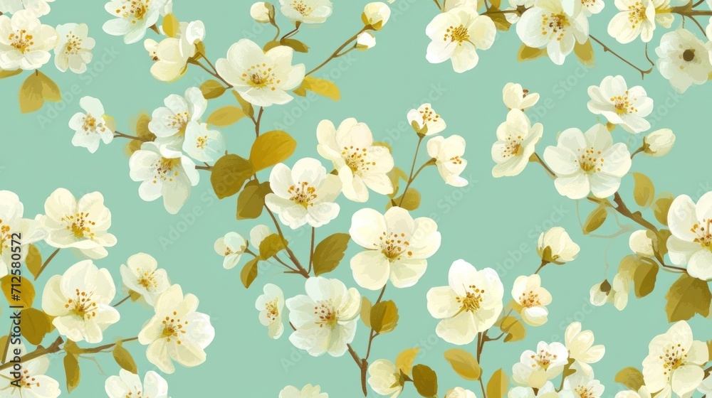  a close up of a bunch of flowers on a blue background with white and yellow flowers on a light green background.
