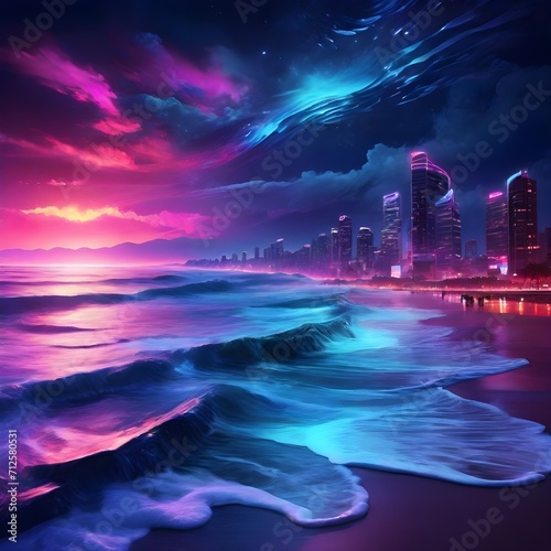 Neon colours in the ocean reflecting making the city view more dramatic and nostalgic