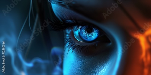 Woman's blue ice eye in the dark. Fire. Piercing eyes. Burning demonic eyes. Fiery Mysterious. Magic, secrecy, mysticism, visual effect. Hypnosis, power of sight. Emotion. Look. Close up. Copy space