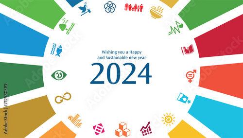 Sustainable Happy New Year 2024. Sustainable Development concept goals. Cover of business report 2024. Brochure design template, card, banner. Vector illustration.