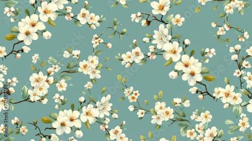  a pattern of white flowers and green leaves on a teal background with a light green backgrounnd.