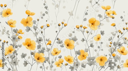  a painting of a bunch of yellow flowers on a white background with gray and yellow flowers in the foreground.