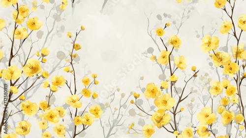  a watercolor painting of yellow flowers on a white background with a gray and white background with a gray border.