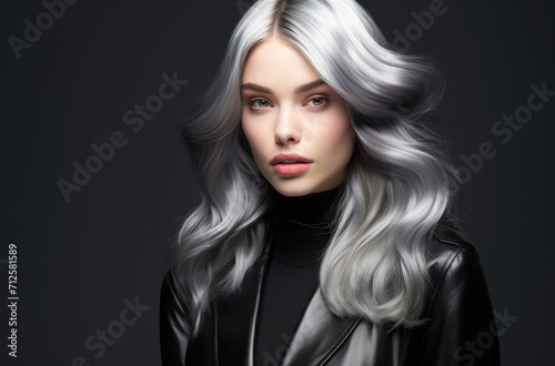 A portrait of a woman with striking silver hair and bold makeup against a dark background.