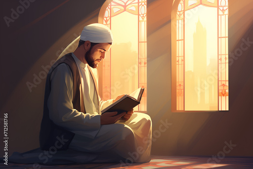 Muslim Man Reciting Quran During the Peaceful Moments of Ramadan. Generative AI photo