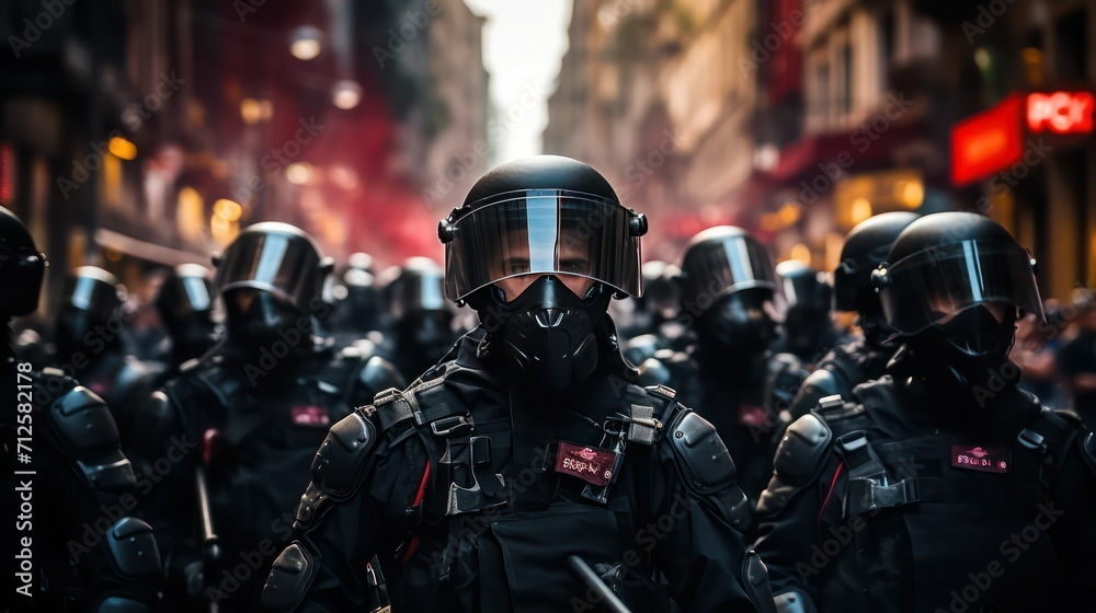 French police during protests in Paris, France - obrazy, fototapety, plakaty 