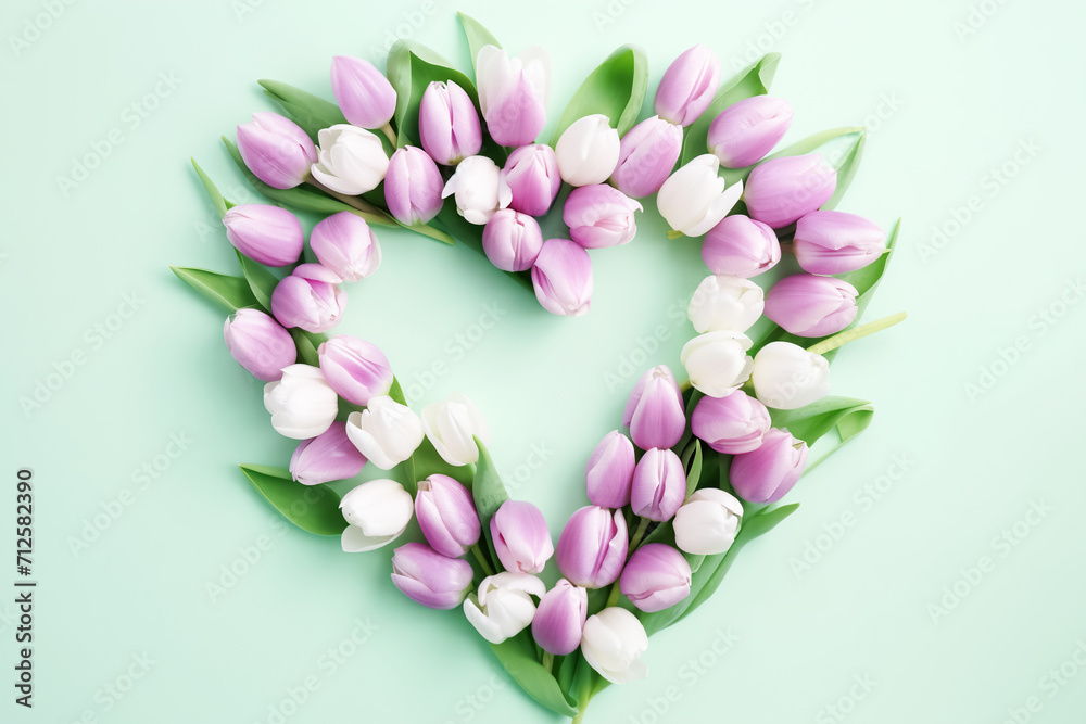 Beautiful pink white tulips laid out in heart shape, pastel green background. Postcard template Women's Day, Nurse's Day