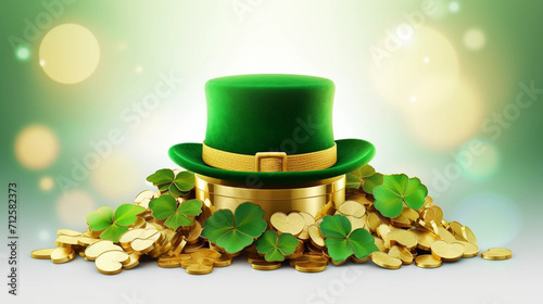 stockphoto, vector illustration, Banner with shiny green hat, gold coins and clover leaves. Beautiful mockup for Saint Patrick’s day. Design for greeting card, invitation, poster.