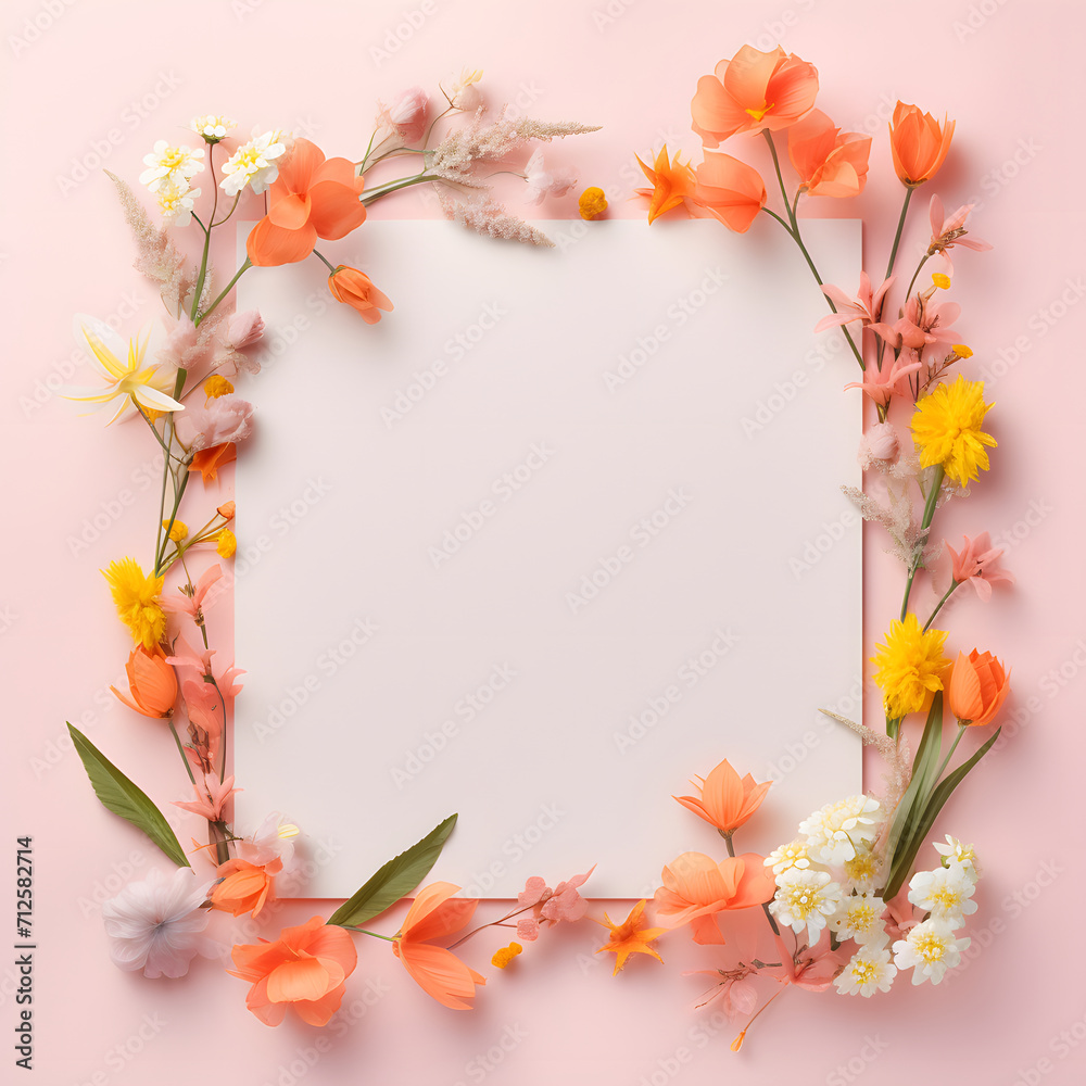 Spring background made with various natural flowers. Valentines day or 8 March idea. Flat lay, copy space.