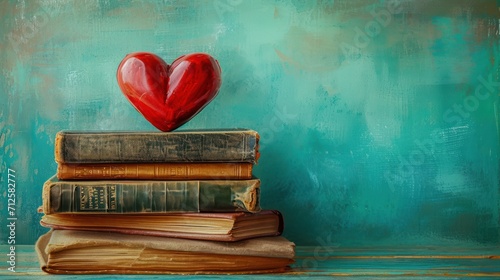  a painting of a stack of books with a red heart sitting on top of one of it's books. photo