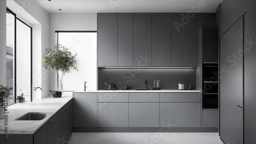 Minimal kitchen with gray cabinets and window  interior design