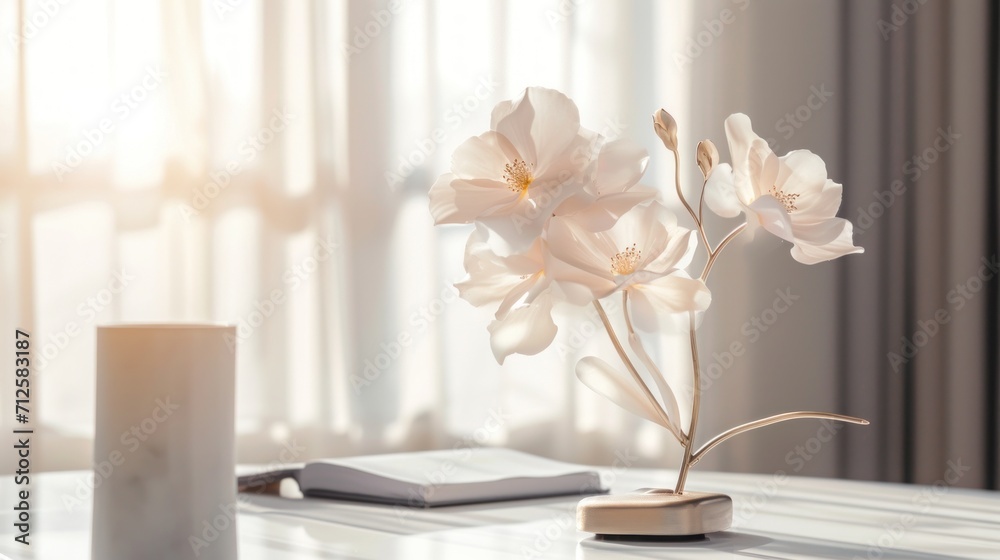 a vase with flowers sitting on a table next to a book and a vase with a candle on top of it. a vase with flowers sitting on a table next to a book and a vase with a candle on top of it.