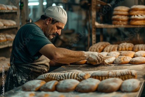an oven worker preparing several loaves of bread