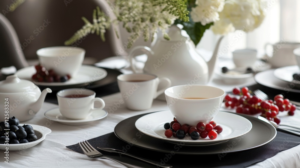  a close up of a plate on a table with a cup of coffee and a plate with berries on it.