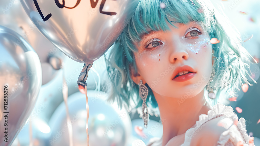 A young hipster girl with blue hair and bright makeup holds balloon with text Love, symbol of love, valentine's card