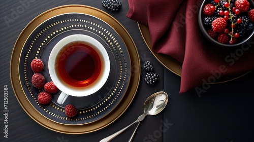  a bowl of raspberries and a cup of tea on a black and gold plate with a red napkin.