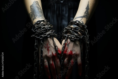 Close-up of a woman's hands tied with chains in a dark room