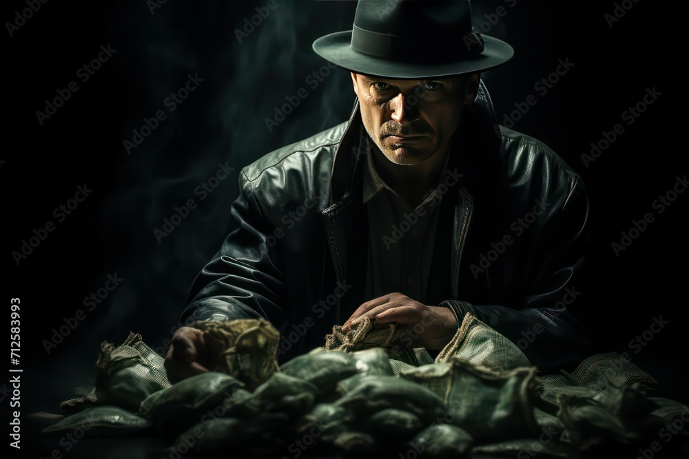 Fototapeta premium Gangster in a black leather jacket and hat sitting on a pile of money