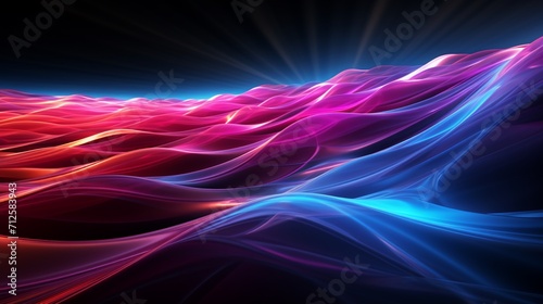 Abstract neon lines in pink and blue ascend from the center to the sides in a digital ultraviolet background. photo