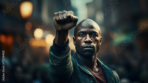 Foto Handsome african american man with raised fist in the city
