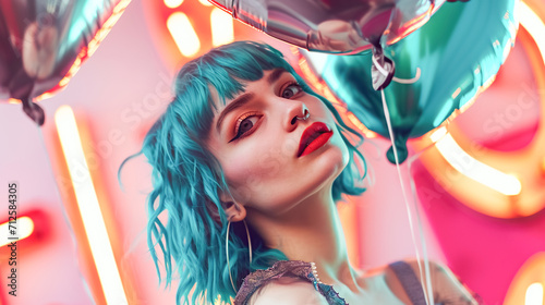 A young pretty hipster girl with blue hair and bright makeup holds a shiny balloon against the background of neon signs photo