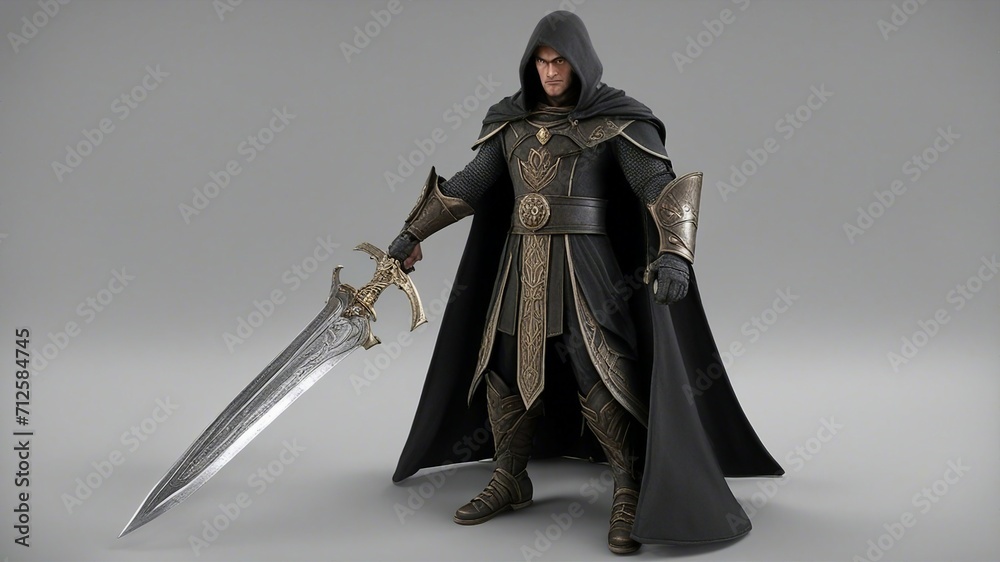 Fototapeta premium person with sword fantasy story where a hero faces an evil wizard, who has unleashed a curse that can end the world 
