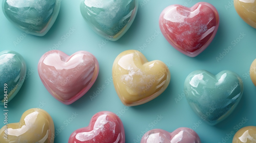 a group of heart shaped candies sitting next to each other on a blue and green surface with pastel colors. a group of heart shaped candies sitting next to each other on a blue and green surface with pastel colors.