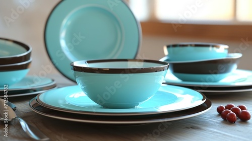  a close up of a plate with a cup and saucer on a table with other plates and a spoon.