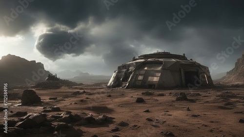 abandoned building in the desert  A futuristic wasteland where the sun is blocked by a thick layer of clouds and the air is toxic.  