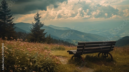  a wooden bench sitting on top of a grass covered field next to a lush green hillside under a cloudy sky.