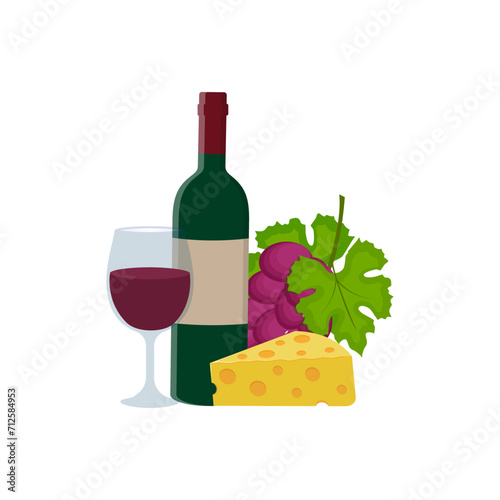 a glass glass and a bottle of wine cheese and grapes