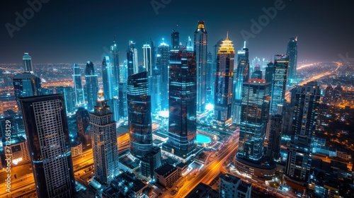  a view of a city at night from the top of a skyscraper in the middle of the city with lights on. photo