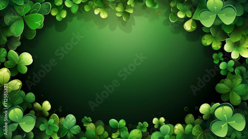 copy space, Happy Saint Patrick's day green frame, leprechaun cartoon, shamrocks clover background. Beautiful mockup for Saint Patrick’s day. Design for greeting card, invitation, poster.