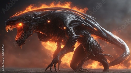 demon in fire Futuristic walking alien monster profile with fire background fantasy illustration. 