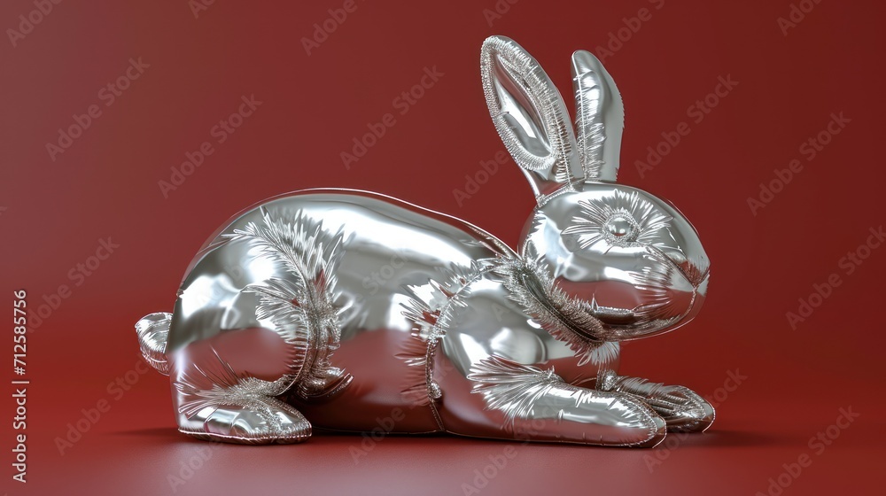 a shiny silver rabbit figurine sitting on its side on a red surface in front of a red background. a shiny silver rabbit figurine sitting on its side on a red surface in front of a red background.
