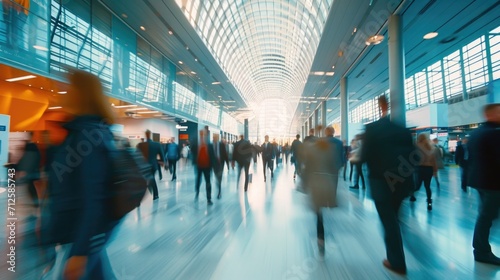 blurred business people walking at a trade fair, conference walking in a modern hall, motion blur of business people in the office building corridor. Generative AI
