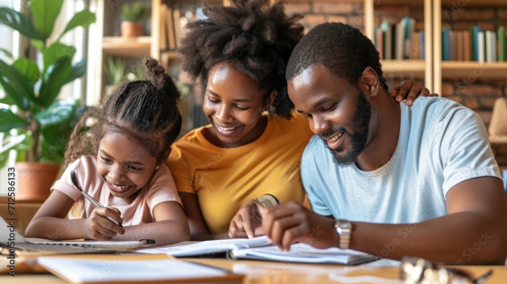 African American supports his children in doing homework. Mutual understanding in the family African American supports his children in doing homework. Mutual understanding in the family