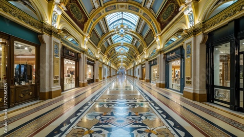  a view of a long hallway in a building with a skylight on the top of the ceiling and a clock on the bottom of the ceiling. photo