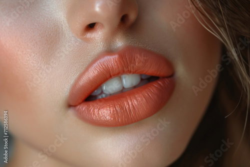 Close up macro female plump lips with peach lip gloss. Beauty portrait personal care and make up