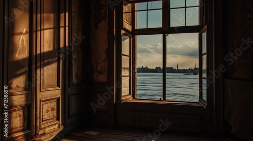  a view of a body of water from a window in a room with a view of a city and a body of water.