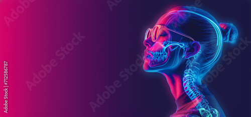 Close up view side profile shot of beautiful woman face in glasses with anatomical x-ray skeleton details. Bright neon led lights, pink and blue color background with copy space