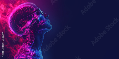 Close up view side profile shot of skeleton in glasses with anatomical x-ray details. Bright led neon lights, pink and blue color background with copy space
