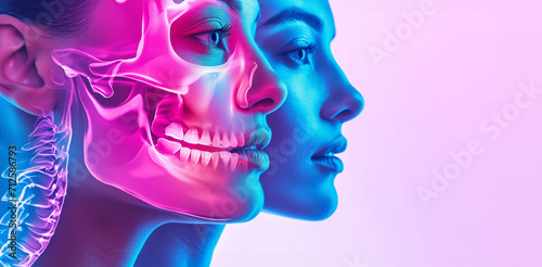 Close up view side profile shot of two beautiful woman face with anatomical x-ray skeleton details. Bright neon led lights, pink and blue color background with copy space photo